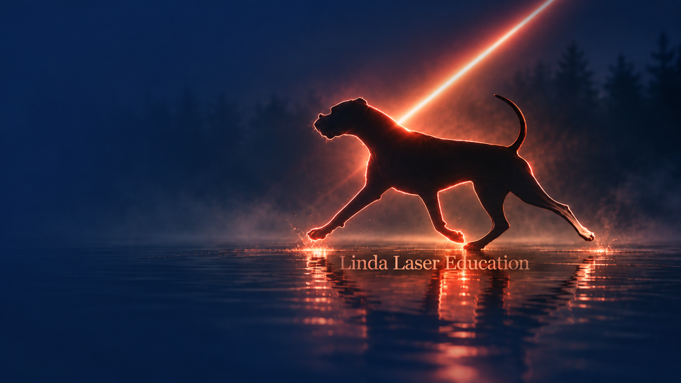 Linda Laser Education – hund i blått nattlandskap med laserljus och spegling i vatten